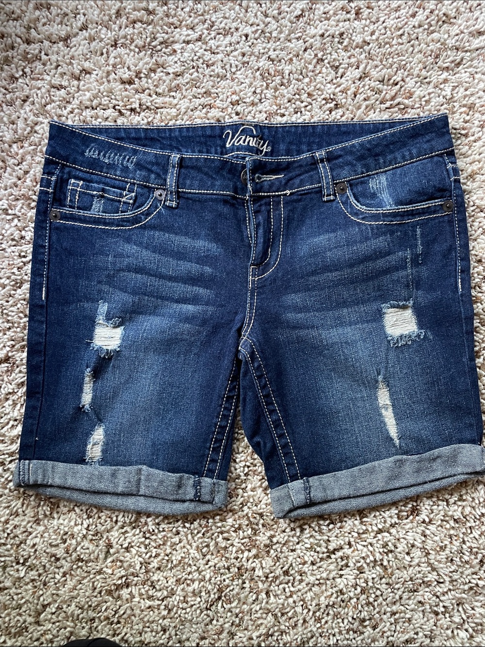 Vanity Dark Blue Distressed Roll-Up Jean Shorts